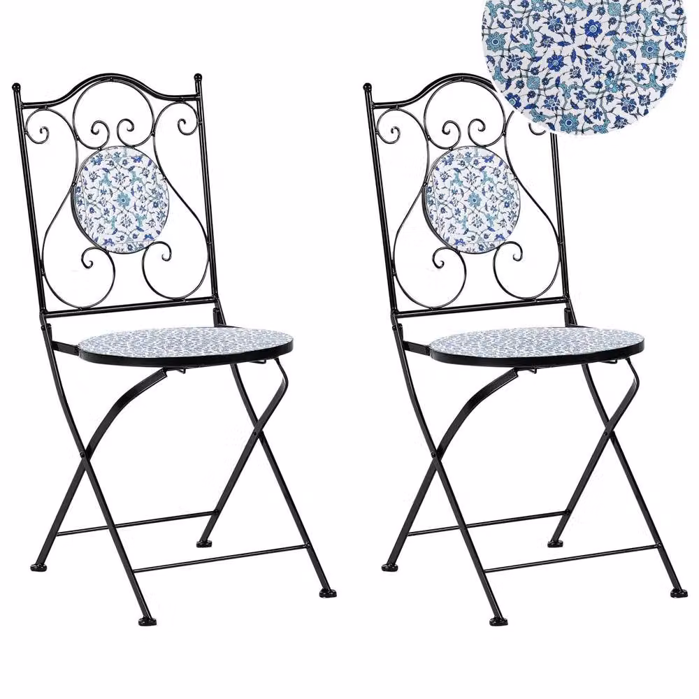 Wyld and Coco Set of 2 Black Metal Folding Garden Chairs with Blue and White Floral Ceramic Details – 2