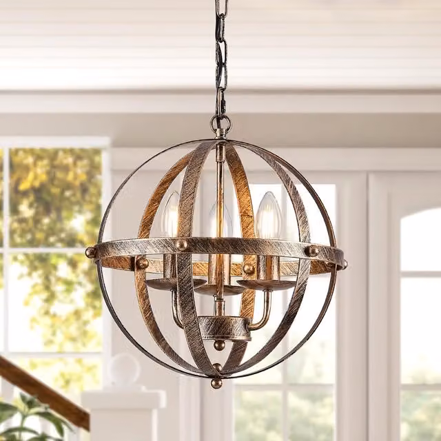Garwarm Industrial Bronze Spherical Globe Chandelier with Transparent Glass Shade