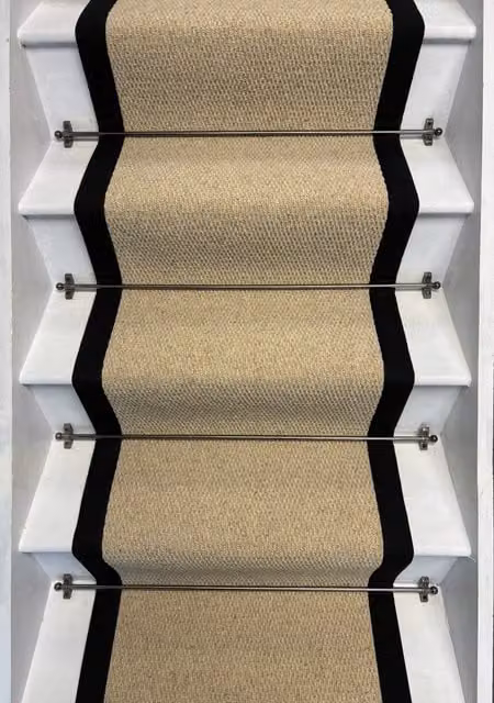 RainbowHome Kalahari Cream Wool Stair Runner with Black Cotton Border, W: 65 cm, L: 650 cm