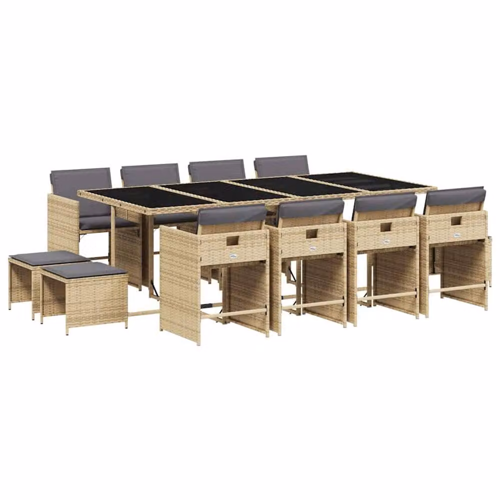 Berkfield Home 13 Piece Poly Rattan Garden Dining Set with Cushions and Glass Top in Beige – 2