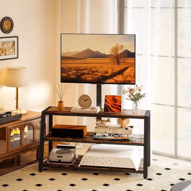 KORVIXA Industrial TV Stand with Swivel Bracket and Open Shelves in Brown – 1
