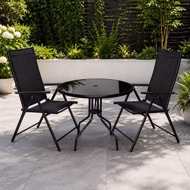 Samuel Alexander Outdoor 2 Person Round Glass Top Garden Dining Table and Chairs Set in Black