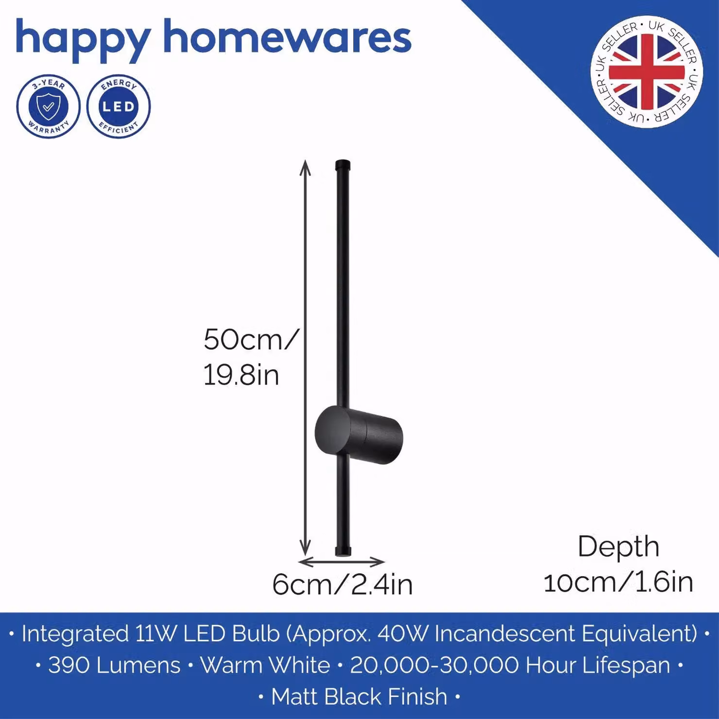 Happy Homewares Modern Black Metal LED Up and Down Wall Light Fitting – 3