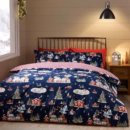 Catherine Lansfield Christmas Ski Village Reversible King Duvet Cover Set with Pillowcases, Blue – 1