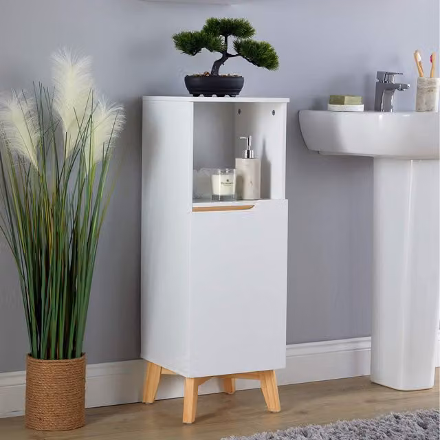 Home Source Florence White Lacquered One Door Freestanding Bathroom Floor Cabinet Unit with Internal Shelves