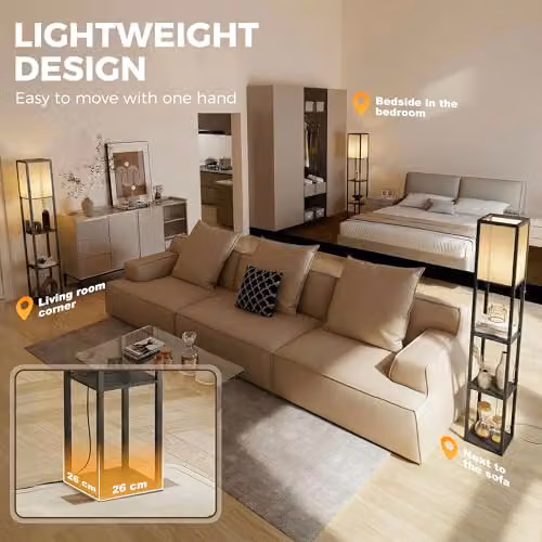 HOMCOM Modern Black Floor Lamp with 3-Tier Storage Shelves and E27 Bulb Socket – 8