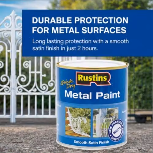 Rustins Quick Drying Water Based Satin Metal Paint, White, 250ml – 2
