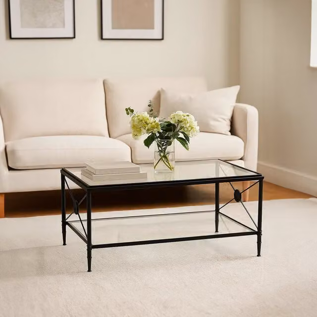 Fifty Five South Orsina Rectangular Coffee Table with Black Metal X-Frame and Dual-Tier Glass Shelves – 1