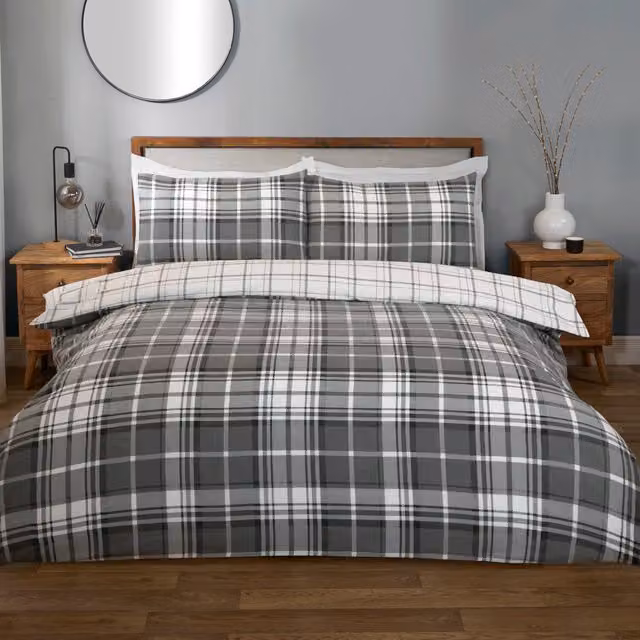 Divante Finest Reversible Grey Checked Cotton Duvet Cover, 140 x 200 cm