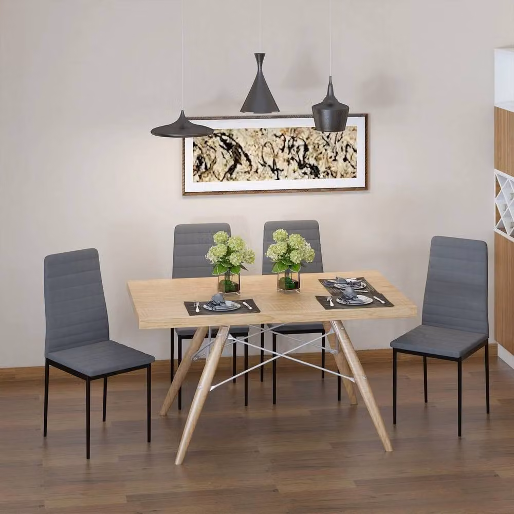 NESTLUNE Grey Fabric Upholstered Dining Chairs with Metal Legs – 3