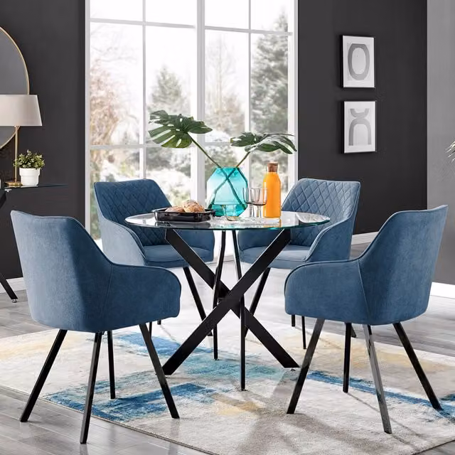FurnitureboxUK Novara Round Glass Dining Table and 4 Falun Chairs in Blue