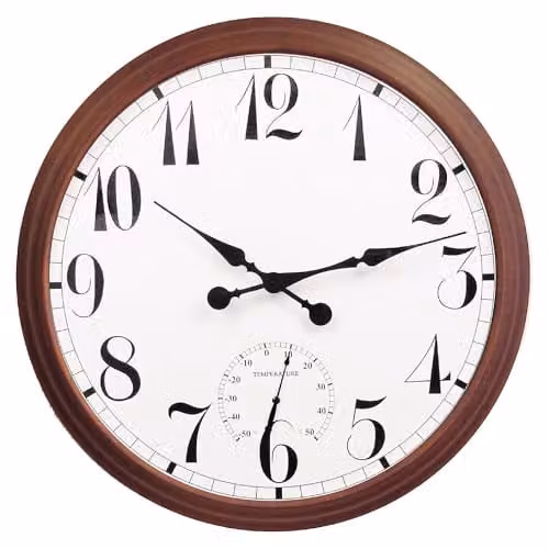 Primrose Big Time Round Outdoor Garden Clock with Thermometer in Brown Metal, Diameter: 90 cm
