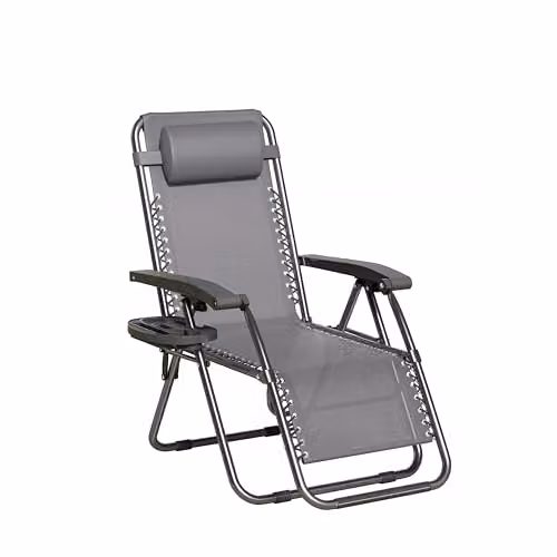 MCC Direct Zero Gravity Reclining Sun Lounger with Textilene Fabric, Cup Holders and Adjustable Headrest, Black and Grey