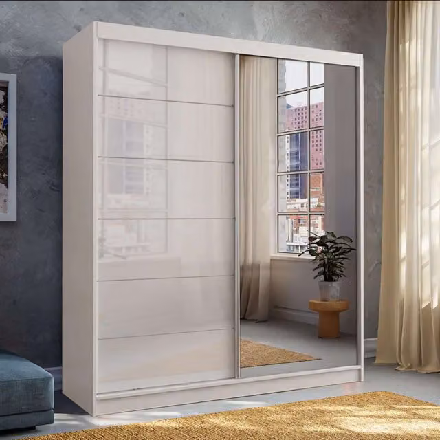 MN Furniture High Gloss Sliding Mirror Wardrobe with Integrated LED Lighting in White, W: 150 cm, H: 200 cm