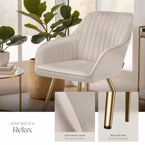 tectake Marilyn Dining Chair with Velvet Fabric and Gold Metal Legs in Taupe/Gold – 2