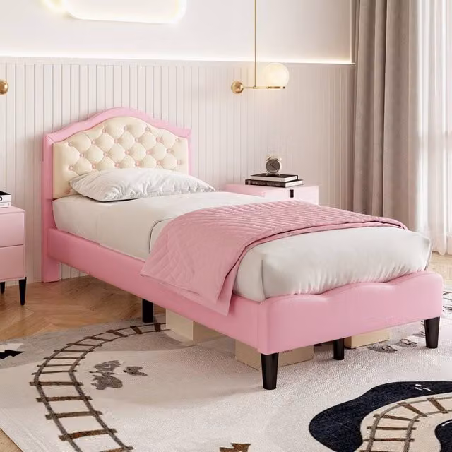 Matteo Single Upholstered Bed Frame in Pink and Beige, W/D/H: 90 x 190 cm