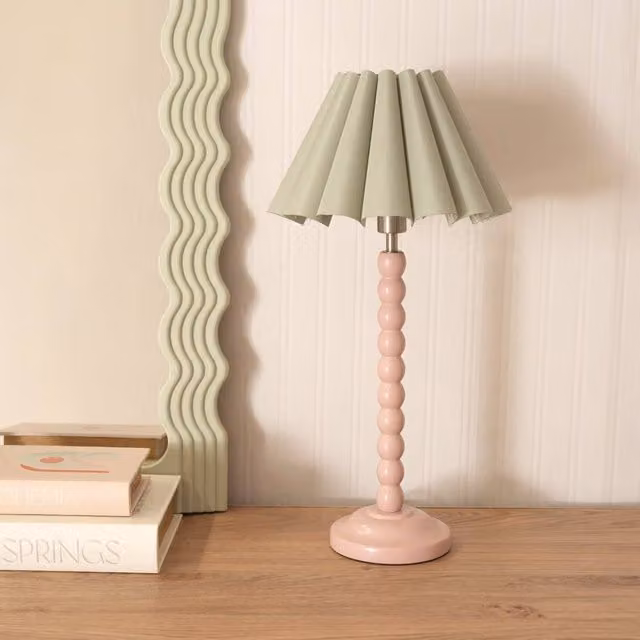ValueLights Rose Pink Bobbin Stem Table Lamp with Sage Green Pleated Tapered Shade and LED Bulb