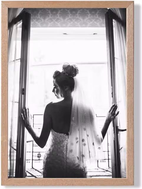 ARTZE Bride in Window Fashion Black and White Framed Photo Print with Oak Frame, A3 – 1