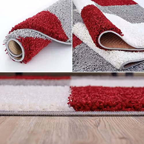 THE RUGS Modern Red and Grey Checked Round Shaggy Area Rug, Diameter: 120 cm – 5
