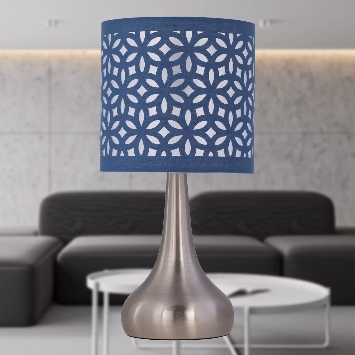 First Choice Lighting Romana Touch Table Lamp in Brushed Chrome and Blue – 4