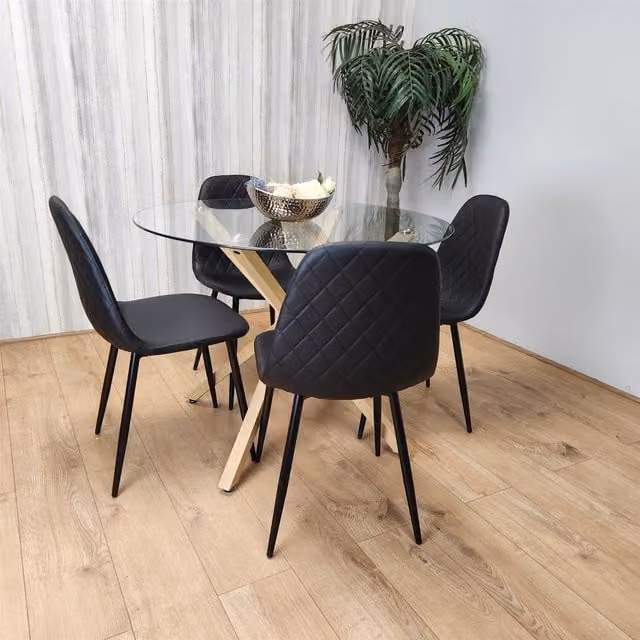 Kosy Koala Round Glass Dining Table Set with 4 Black Gem Pattern Chairs in Clear and Black