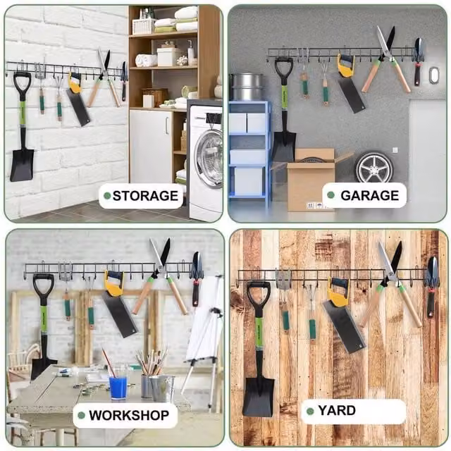 Nordara Wall Mounted Metal Garden Tool Rack and Hook Holder in Black