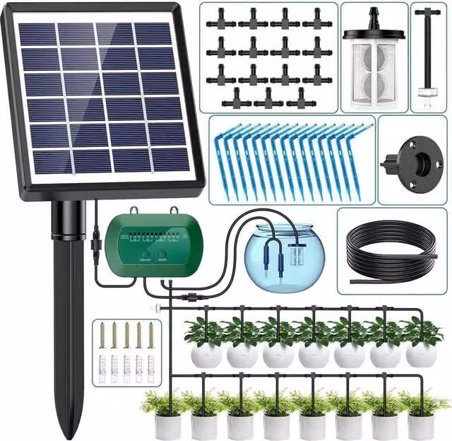 NESTLUNE Automatic Solar Drip Irrigation System Kit with Timer and Emitters, Black, W/D/H: 100 x 15 cm