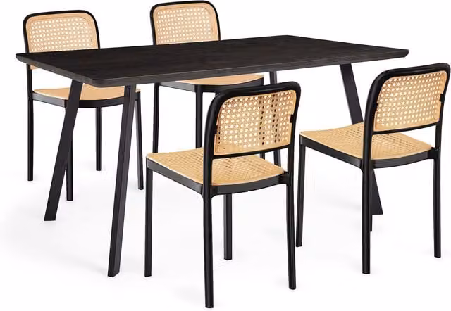 VonHaus Art Deco Dining Set with Rectangular Wood Table and 4 Black Plastic Chairs