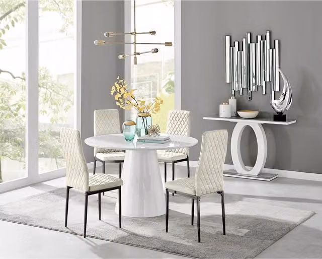 FurnitureboxUK Palma White High Gloss Round Dining Table and 4 Cream Velvet Milan Chairs with Black Legs