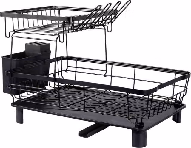 Toque Black Steel Dish Drainer Rack with Drip Tray and Cutlery Holder – 1