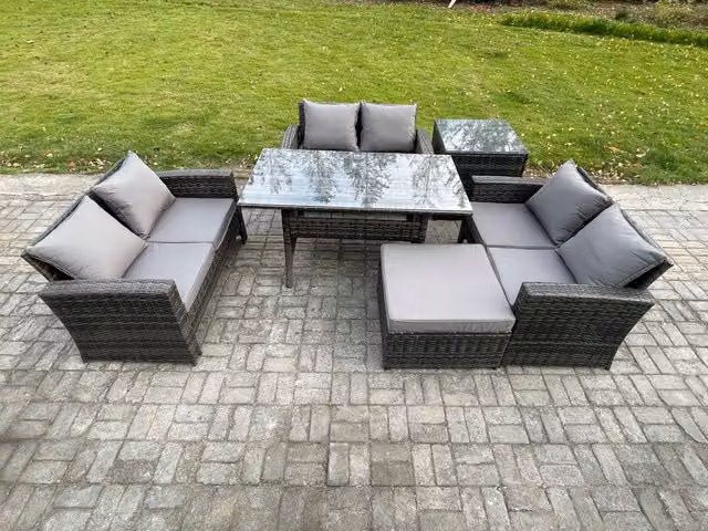 Fimous 7 Seater Rattan Wicker Garden Furniture Set with Dining Table and Footstool in Dark Grey