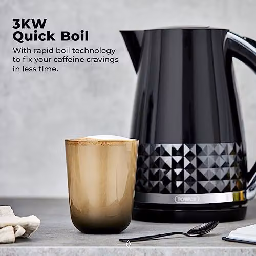 Tower Solitaire Kettle in Black with Chrome Accents, 1.5L, 3kW, with Limescale Filter and Stainless Steel Elements – 4