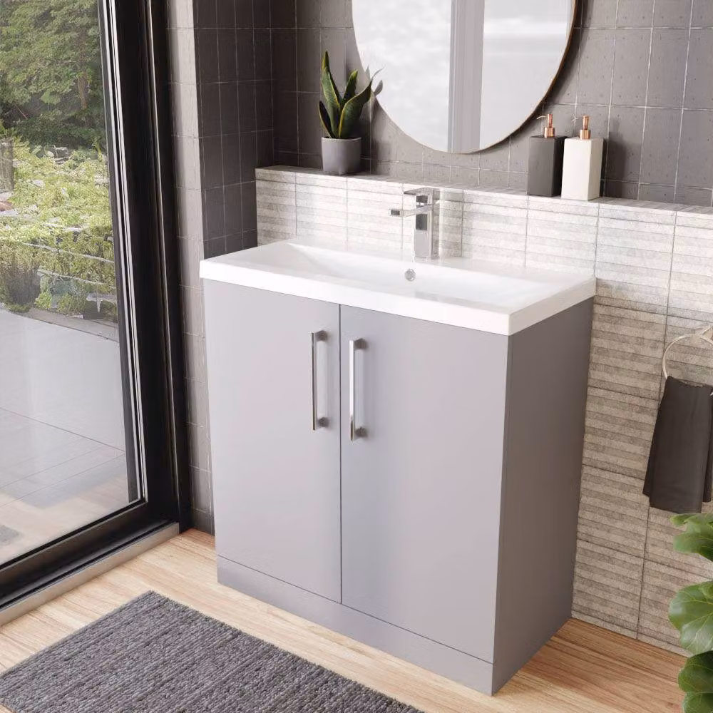 Balterley Modern Bathroom Floor Standing Vanity Unit with 2 Soft Close Doors and Rectangular Mid-Edge Basin, Satin Grey, W: 80 x D: 39 x H: 84 cm – 4