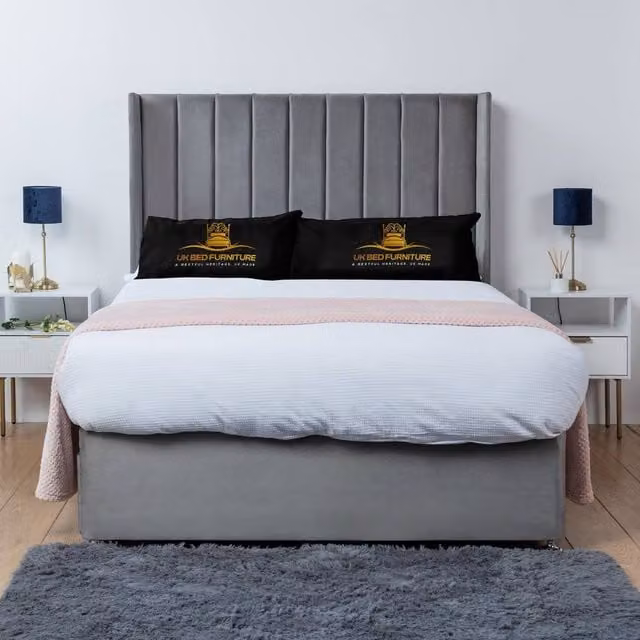 UK Bed Furniture Bella Wingback Divan Bed Base with 54 Inch Headboard in Grey, W/D: 200 x 200 cm
