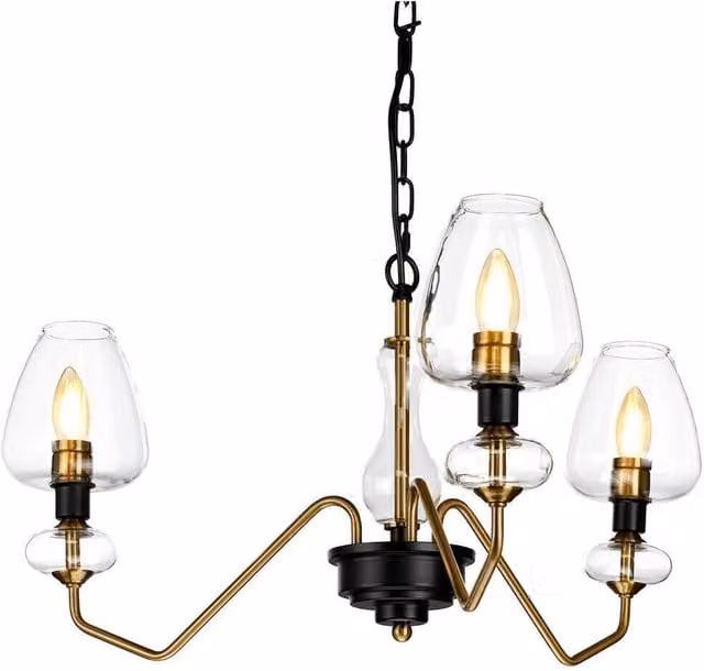 Loops 3 Bulb Suspended Pendant Light Fitting in Aged Brass and Black with Glass Shades, E14 LED Compatible