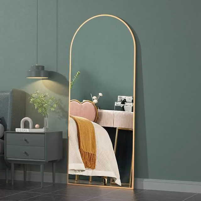 CASSILANDO Large Gold Arch Floor Mirror, Modern Freestanding or Hanging Glass Mirror, H 162 cm x W 53 cm x D 1.4 cm