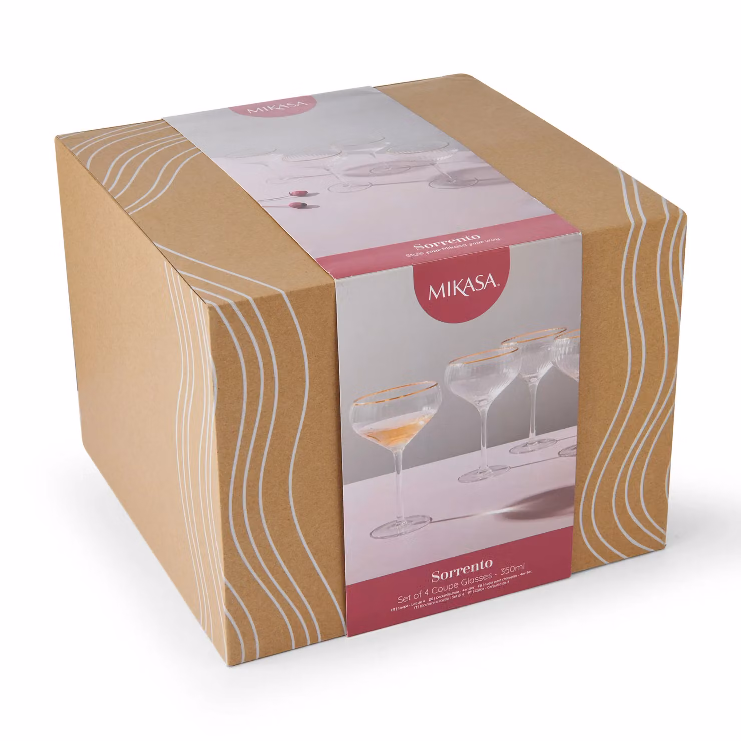 Mikasa Sorrento Set of 4 Ridged Lead-Free Crystal Champagne Coupe Cocktail Glasses, 350ml, Clear and Gold – 6