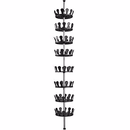 tectake 8-Tier Rotating Shoe Rack in Black with Height-Adjustable Pole (100-300 cm)