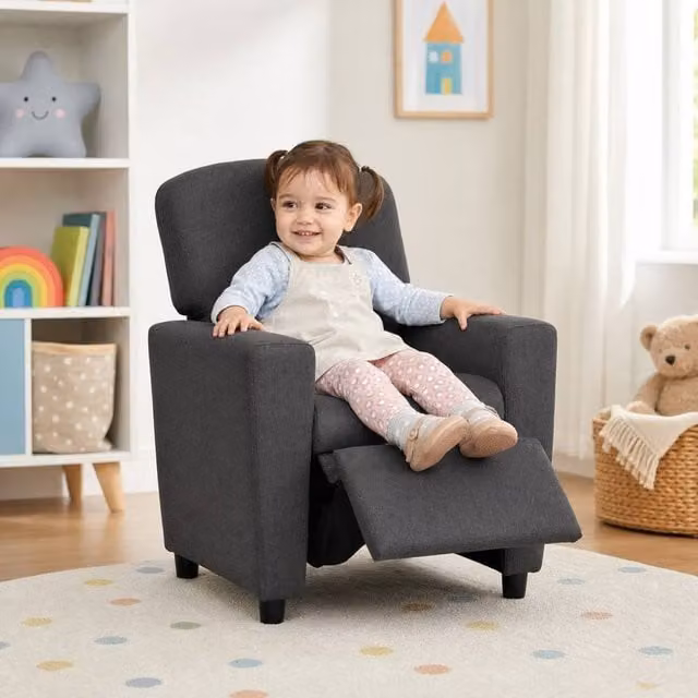 STILVORA Childrens Modern Grey Fabric Relax Recliner Armchair with Ottoman and Solid Wood Frame