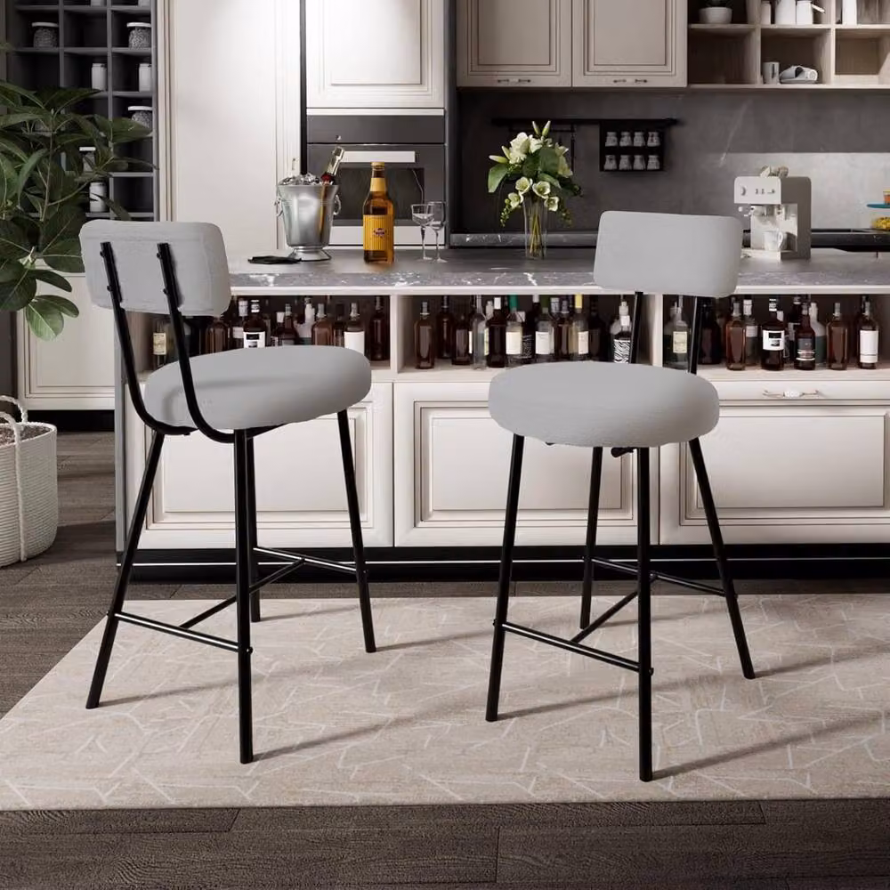 London Boutique Set of 2 Modern Grey Bouclé Fabric Counter Height Bar Stools – 6
