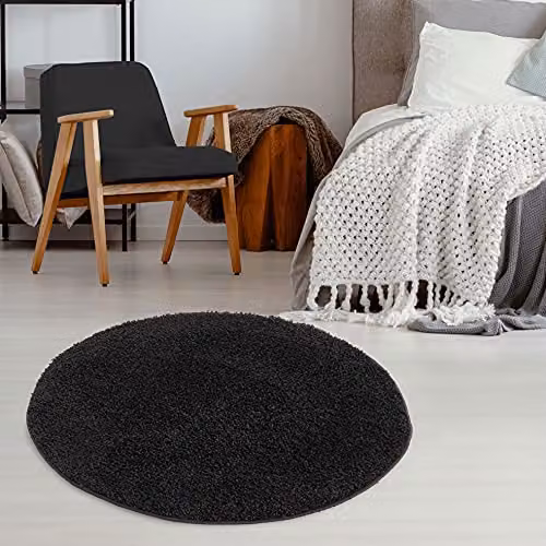 THE RUGS Black Plain Shaggy Round Rug, Diameter: 120 cm – 2