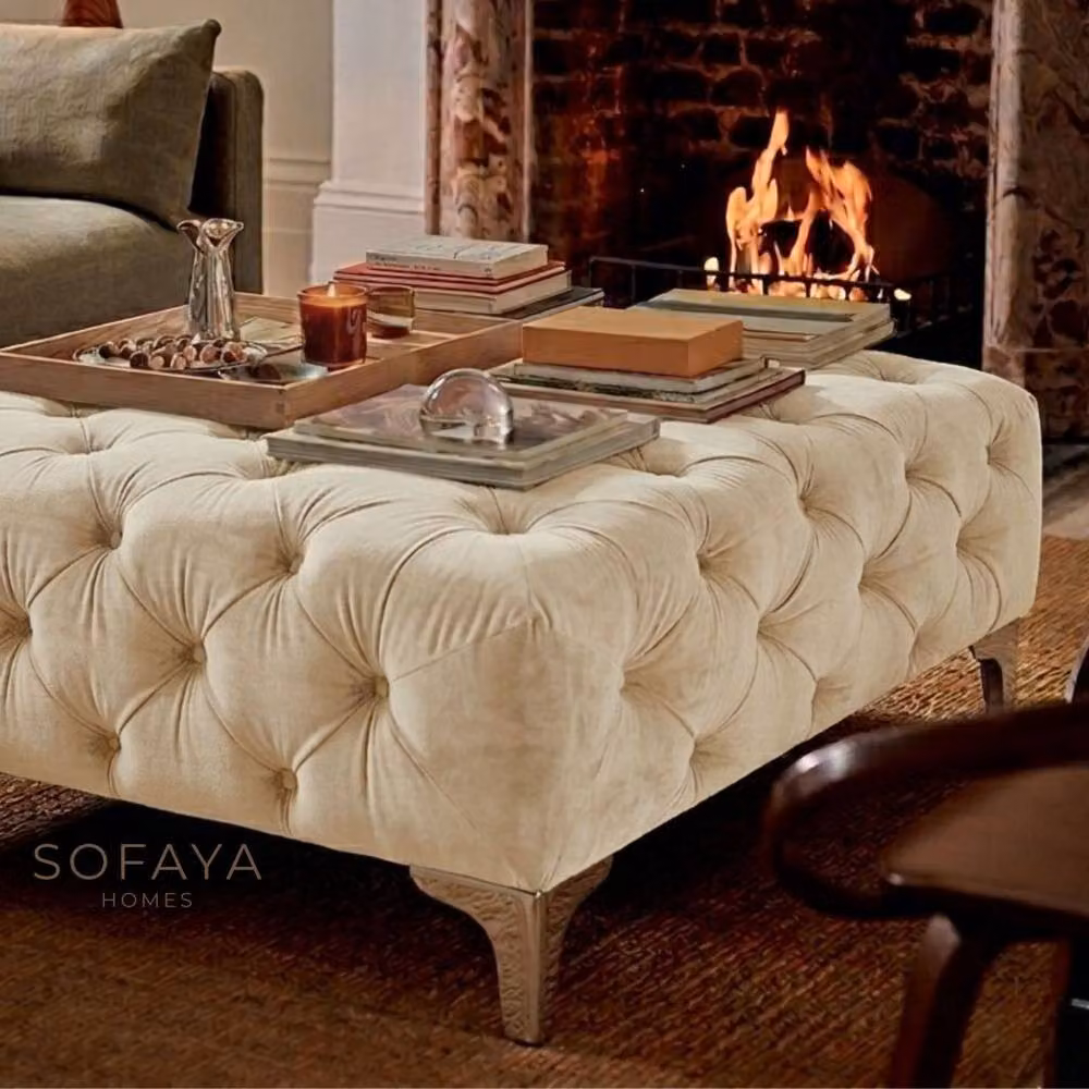 Sofaya Monaco Chesterfield Velvet Foot Stool and Coffee Table in Beige, W: 100 cm, D: 80 cm – 2