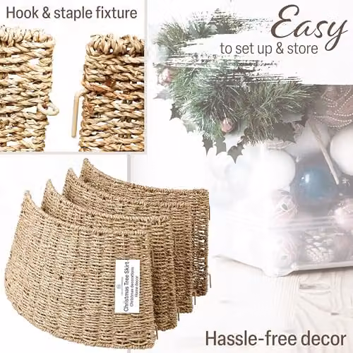DECO EXPRESS Woven Christmas Tree Skirt in Beige, Round Rattan Base Cover, W/D/H: 66 x 51 x 25 cm – 3