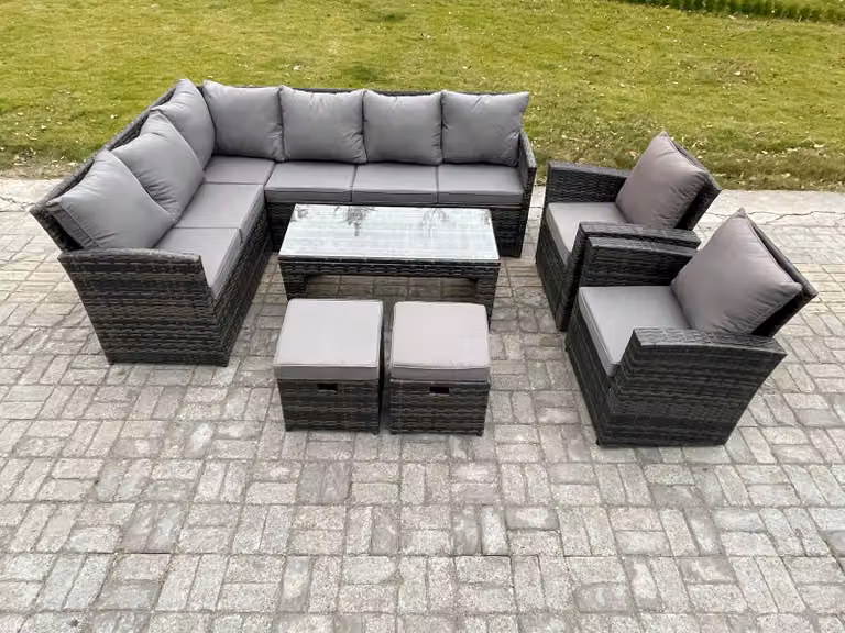 Fimous Rattan Garden Furniture Set in Dark Grey with High Back Corner Sofa, Oblong Coffee Table, 2 Armchairs and 2 Footstools