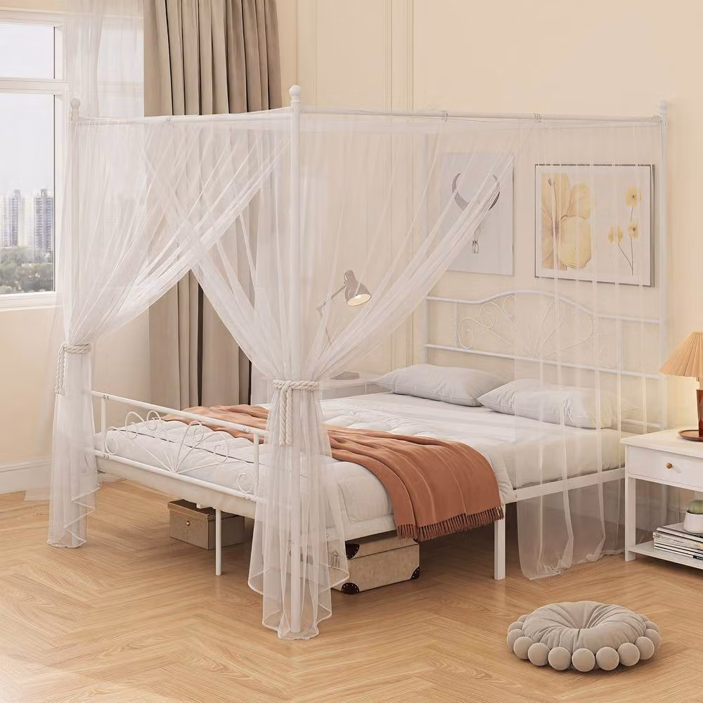 HOMCOM White Metal Canopy Bed Frame, King Size, 180 x 200 cm – 2