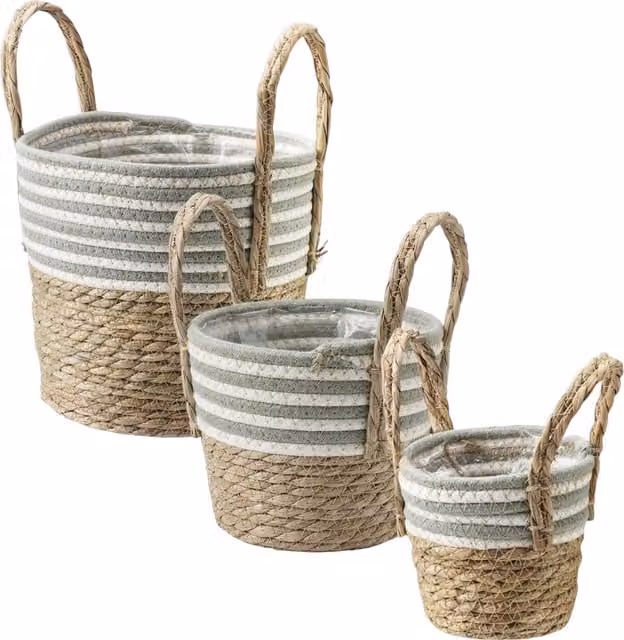 Kingsbury Gifts Round Striped Boho Tabletop Rattan Basket in Green and White