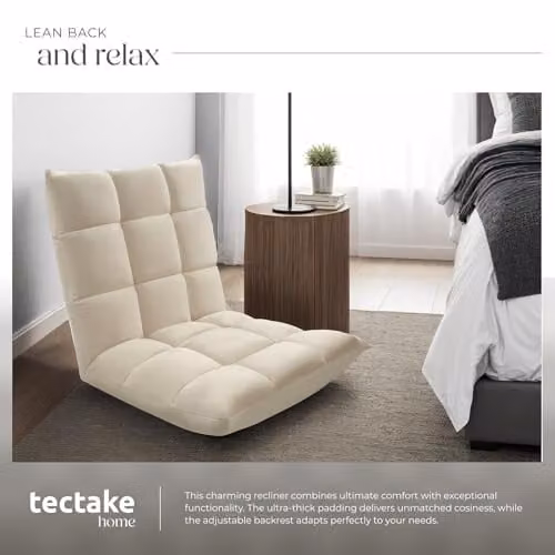 tectake Recliner Snooze Floor Chair in Beige with Adjustable Headrest and Velvet Fabric – 2