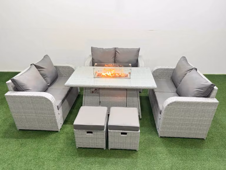 Fimous 8 Seater PE Wicker Rattan Garden Furniture Set in Light Grey with Firepit Dining Table, 2 Seater Love Sofa and 2 Stools