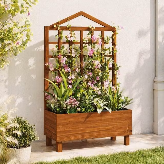 STILVORA Brown Wooden Garden Planter with Trellis, W: 90 cm, D: 43 cm, H: 150 cm – 1