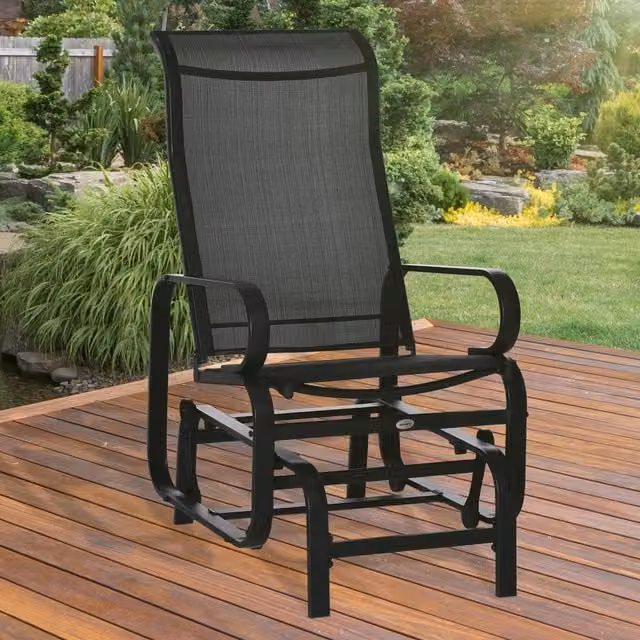 Outsunny Modern Outdoor Gliding Rocking Chair in Black with Armrests and Textilene Fabric